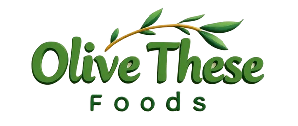 Logo of Olive These Foods with green text and leaves on a white background