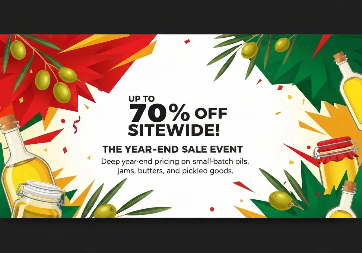 Promotional banner for a year-end sale event with olive oil bottles and green leaves.